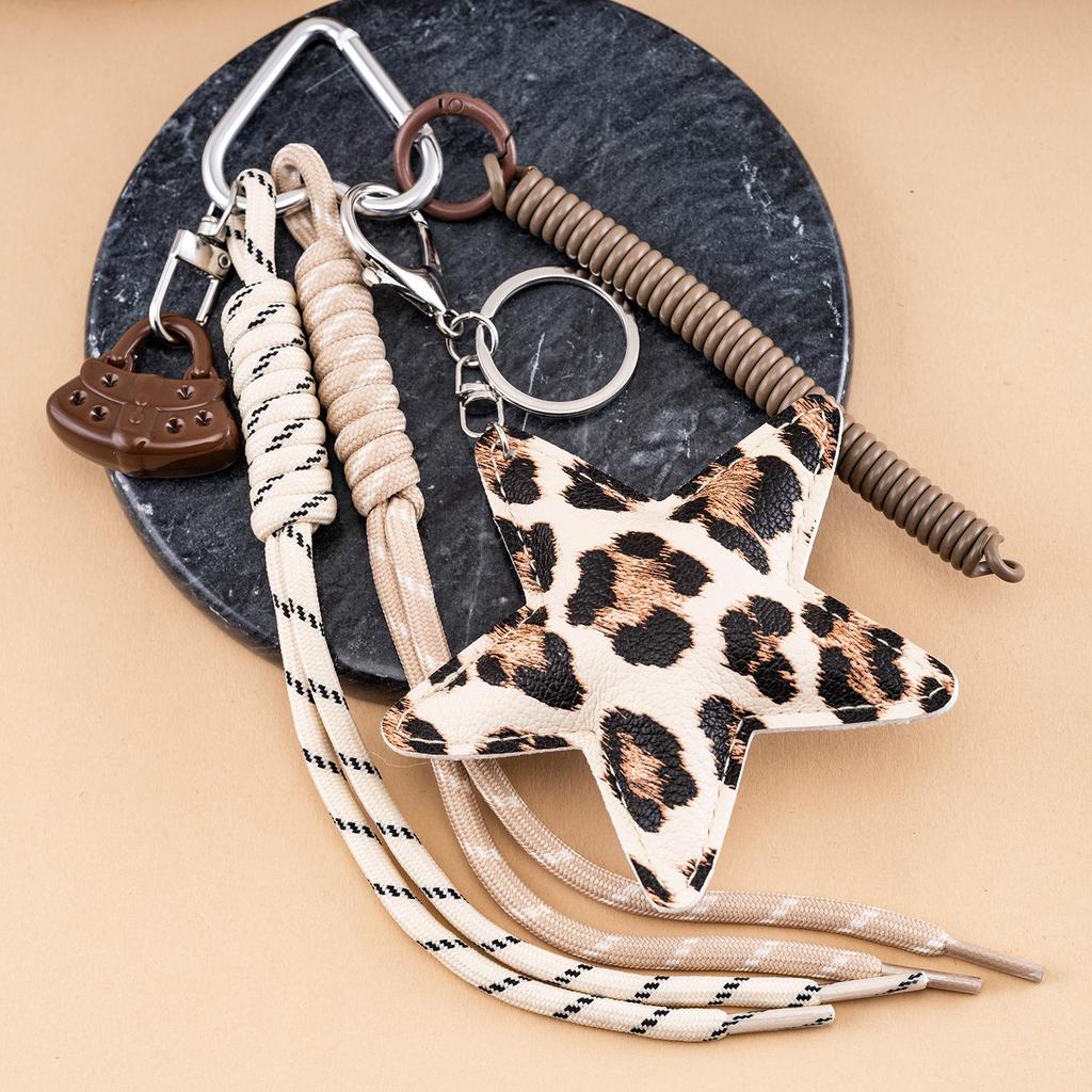 MIU Series Leopard Print PU Leather Pentagram Bag Charm with Bow and Handmade Woven Keyring