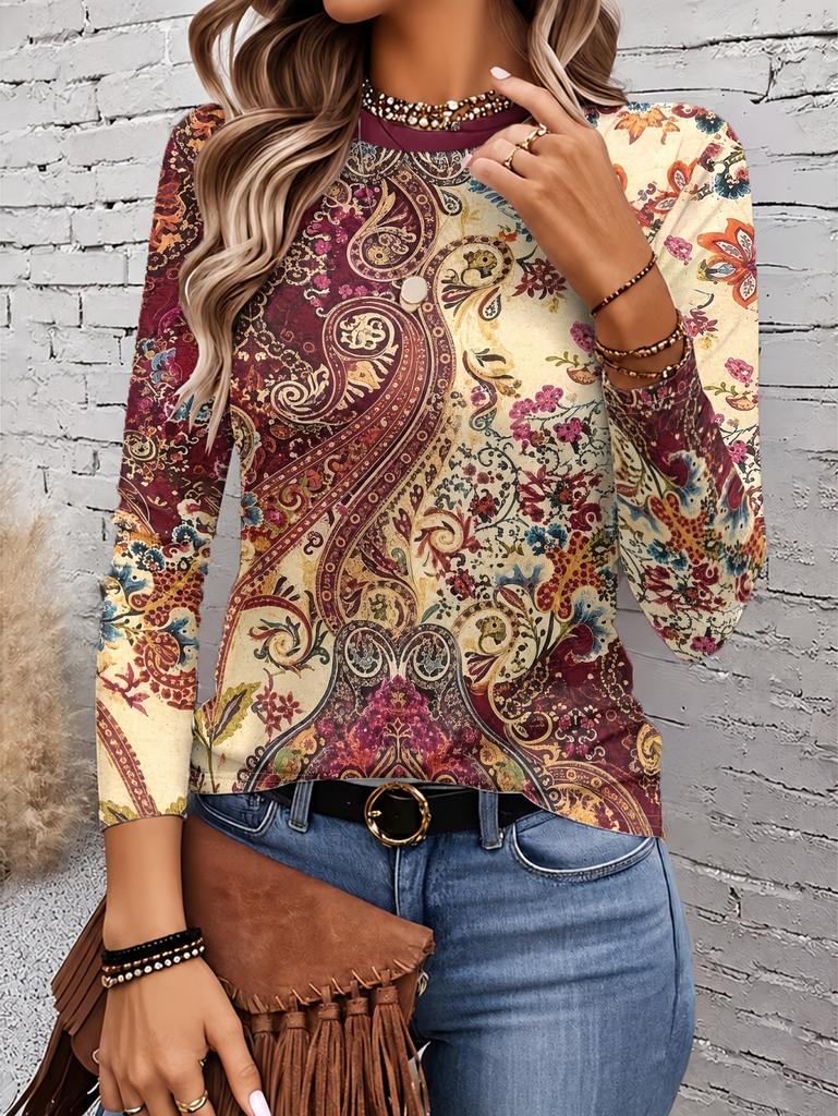 Women's T-Shirts Spring Autumn Bohemian Style Fashion Casual Vintage Pattern Female Long Sleeve T-Shirt Loose Womens Clothing