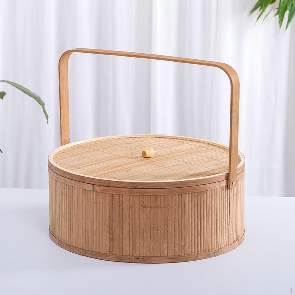 Handgeflochtener Bambuskorb Box Picknickkörbe Heimdeko mit Deckel Tragbarer Lebensmittelaufbewahrungsbehälter
