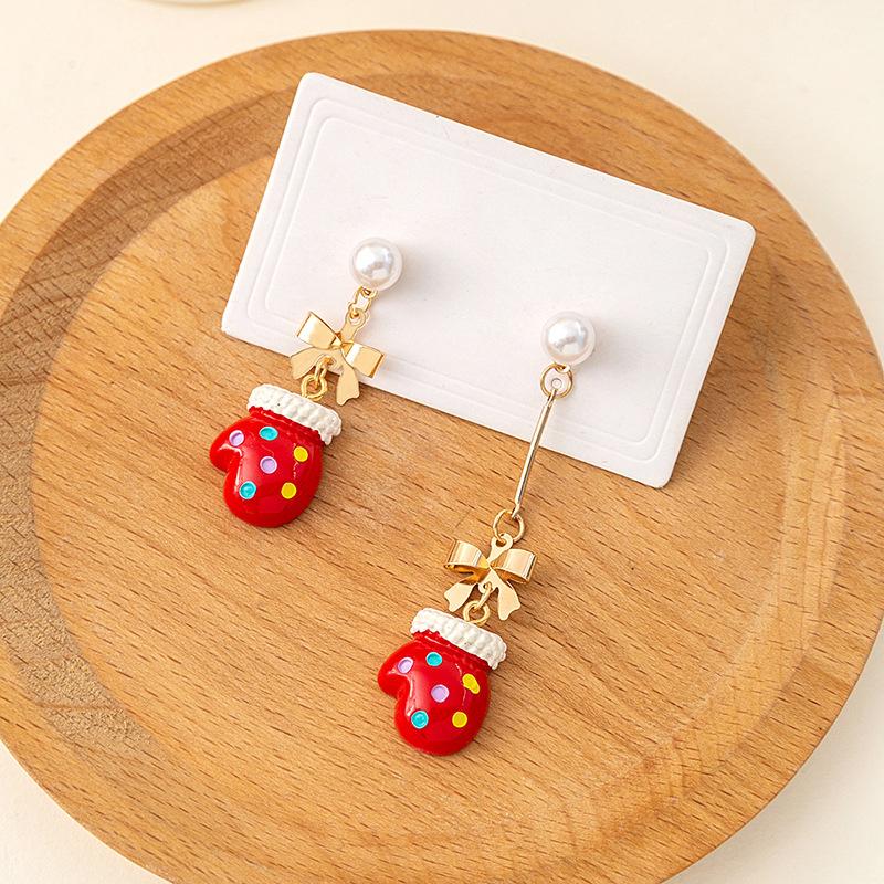 Christmas Series Gloves Pearl Earrings, Asymmetrical Design Earrings Bow Earrings Women