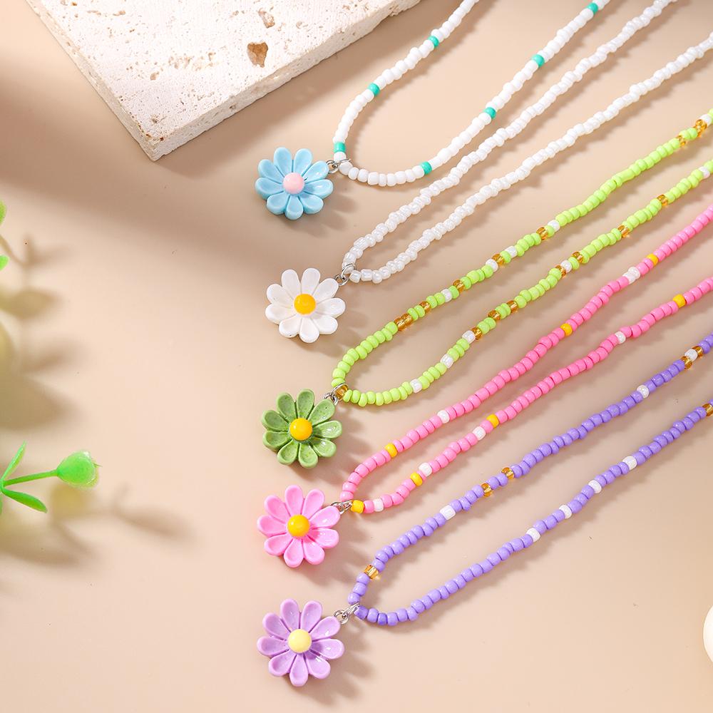5pcs/set Bohemia Handmade Beaded Necklaces for Women Girls Colorful Flower Pendants Necklace Kid's Jewelry Gifts