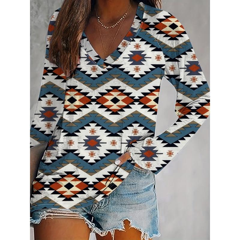 Aztec Print Long Sleeve T-shirt, Western Style V Neck Ethnic T-shirt, Women's Clothing