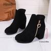 Heart Shape Metal Decor Side Zipper Women's Black Ankle Boots Suede Leather Chunky Heel Round Toe Fashion Booties 2026 Autumn