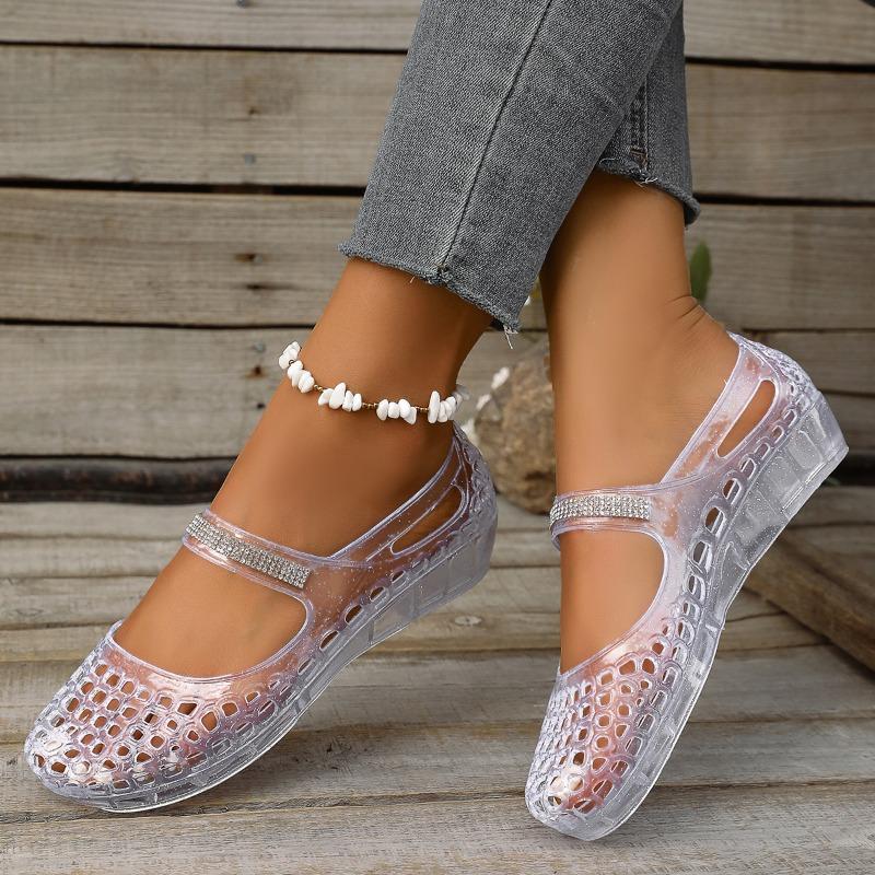 Transparente Sandalen Sommer Neu Runde Zehenpartie Flacher Ausschnitt Glitzer Fußbedeckung Weiche Sohle Rutschfest Wasserdicht Flache Schuhe