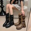 Fashion 2024 New Knee High Platfrom Studded Spring Summer Knight Combat Gothic Elegant Medium Heel Women's Shoes Motorcycle Footwear