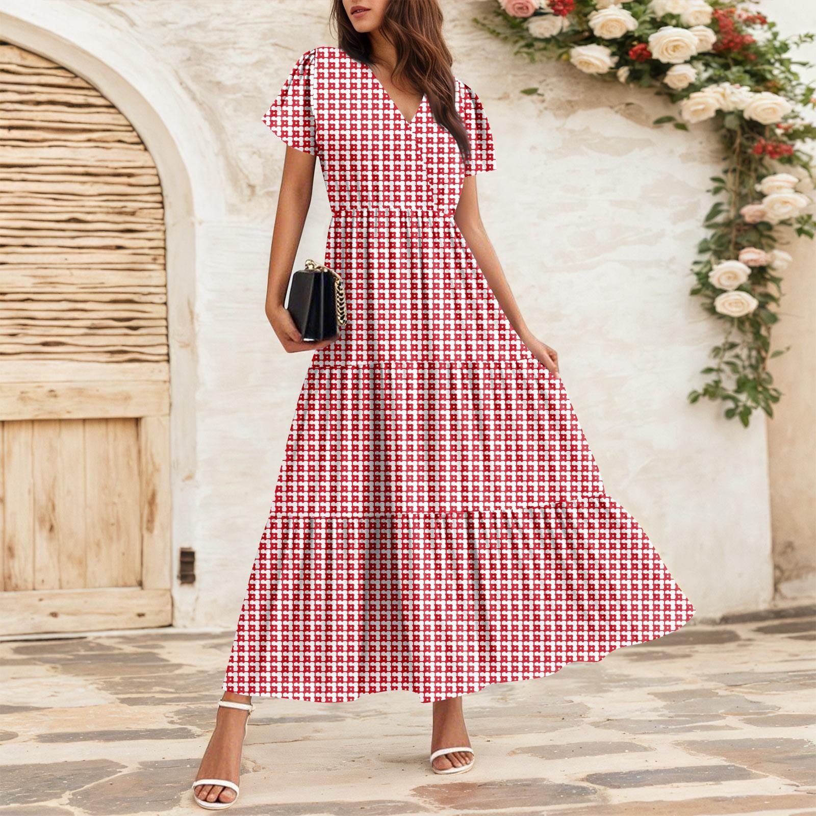 

Женские струящиеся платья Женские летние платья Повседневные платья макси с коротким рукавом Официальные платья макси XL красный