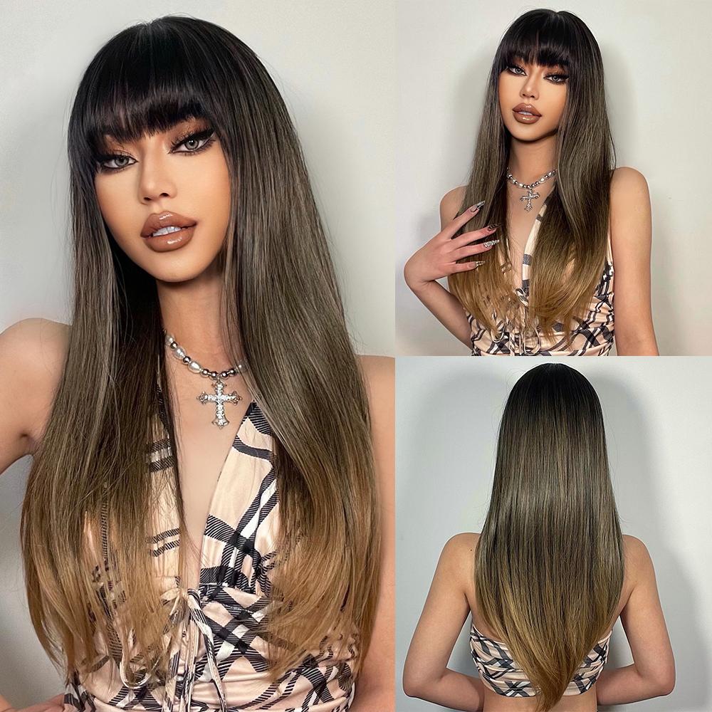 Ombré blond paruky s ofinou Syntetické vlasy Dlouhé Hladké Rovné Paruky Tmavé Kořeny Přírodní Hledá se pro ženy Tepelně odolné vlákno