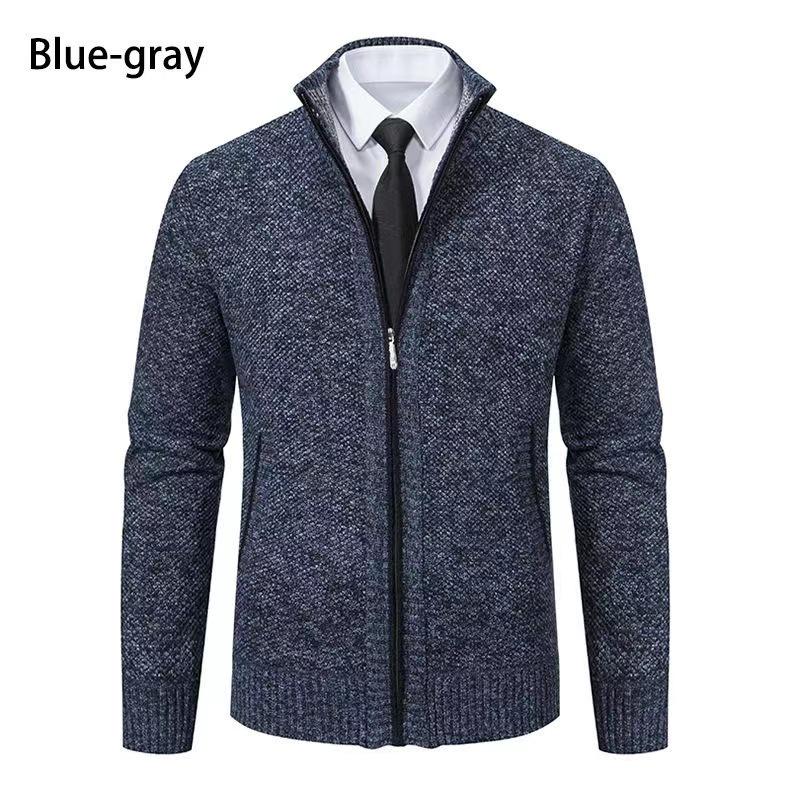 Men's Fleece-Lined Cardigan: Thick Knit Zipper Sweater with Stand-Up Collar for Autumn/Winter 2023