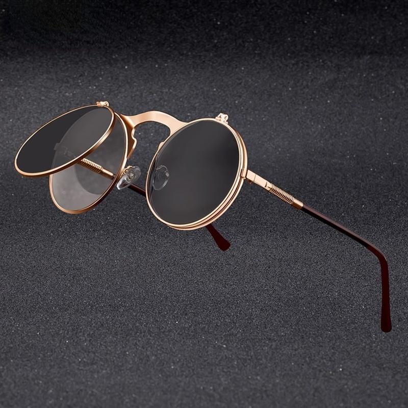 Vintage Style Steampunk Flip Sun Glasses Men's Retro Style Round Metal Material Sun Eyeglasses for Women's Brand Designer Fashion Circle Shades
