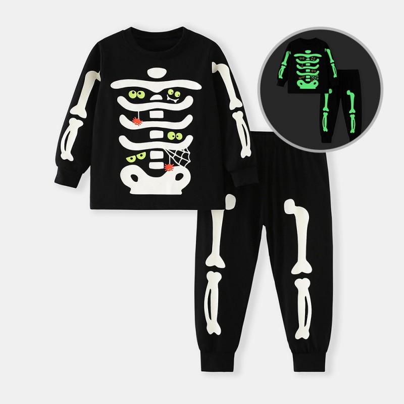 2025 Halloween Kids 2-Piece Pajamas Set Glow In Dark Cotton Blend Loungewear Toddler Boys Girls 3-8Y