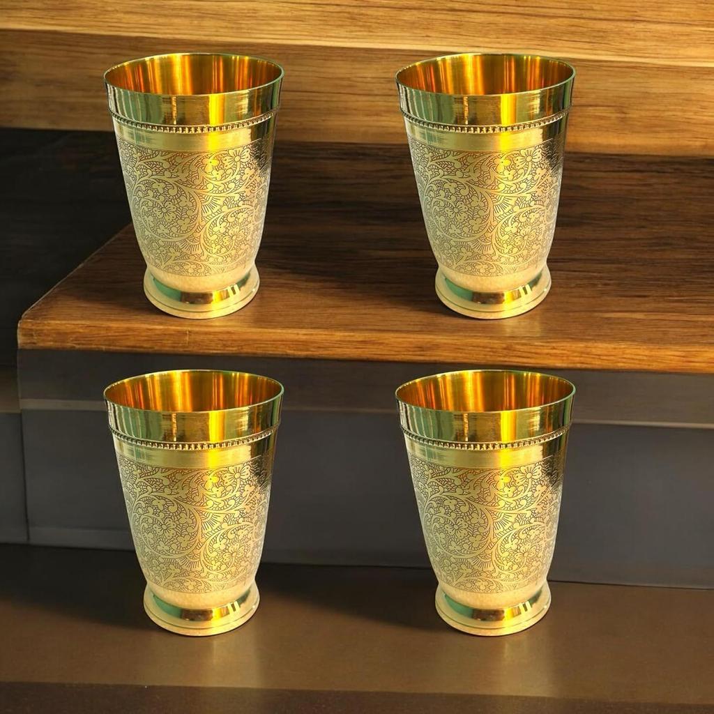 Brass Dining Glass || Drinking Brass Glass || Brass Tumbler with Embosed Design - Capacity 300 Ml (Pack of 4 Glasses)