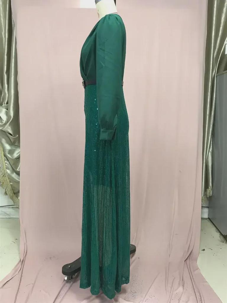 Women's 2025 V-Neck Long-Sleeve Dress with Sequined Waist and French Wide-Leg Pants for Spring and Autumn