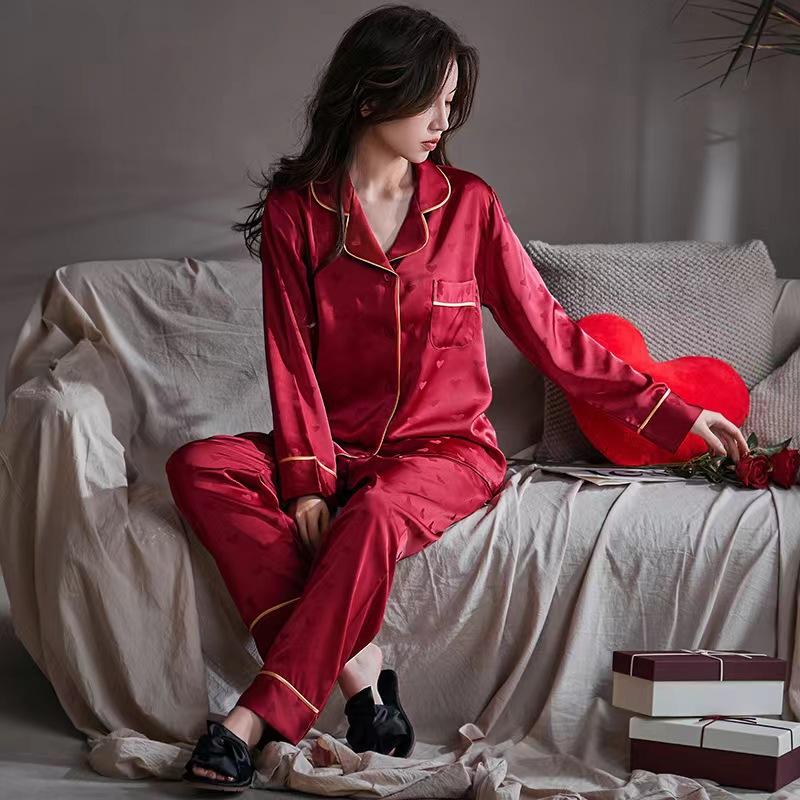 Couple’s Red Wedding Pajama Set Long Sleeve Top and Pants Newlywed Bridal Sleepwear