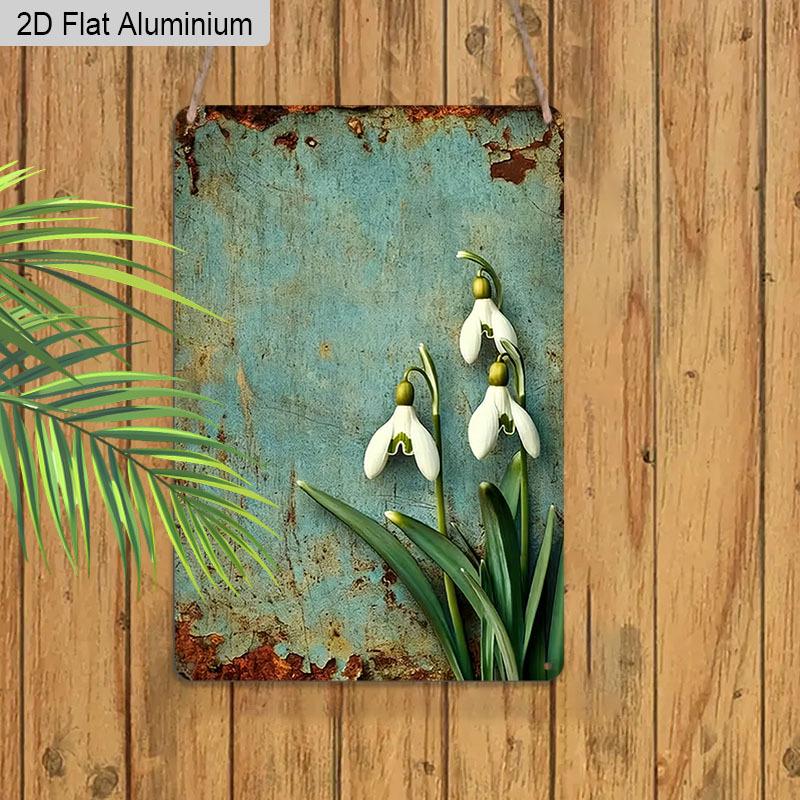 2D Flat 1pc Vintage Floral Aluminium Wall Art Sign Rustic Snowdrop Flowers 8x12 Aluminium Rustic Garden Home Decor Spring Floral Wall Decor