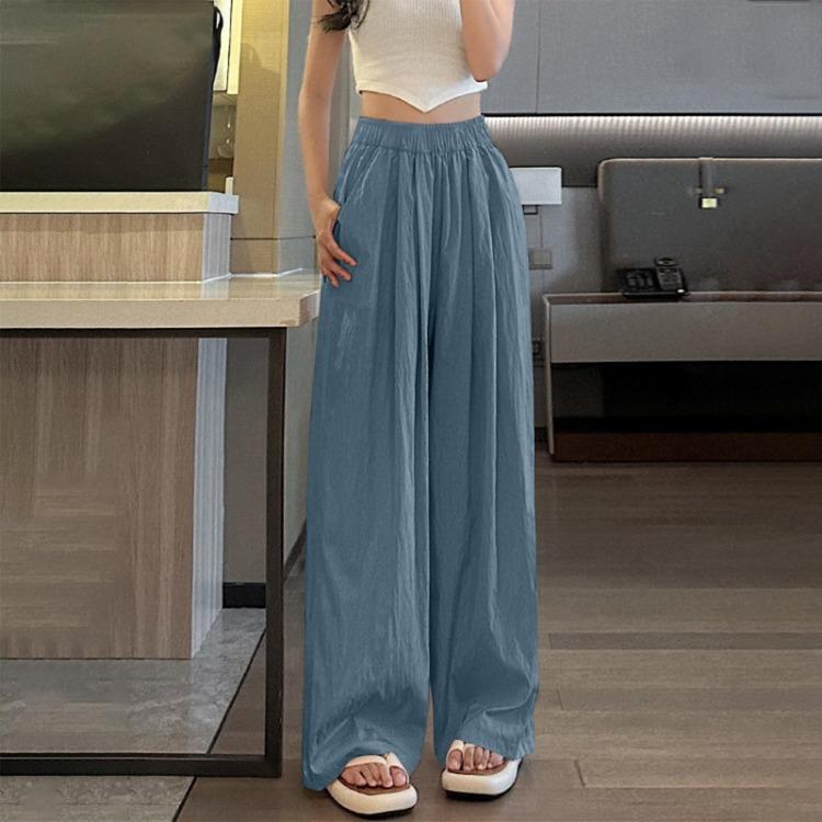 Ice Silk Womens Casual Wide Leg Pants Loose Solid Color Wrinkled
