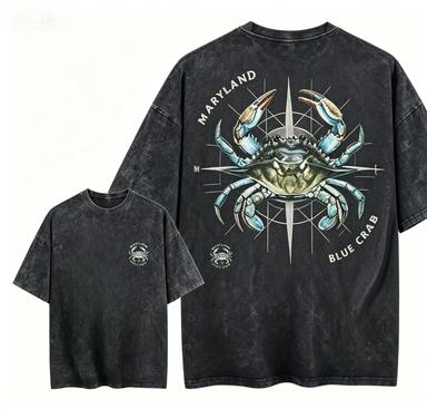 2026 New Vintage Washed Black Tshirt Blue Crab Print Casual Short Sleeve Tee