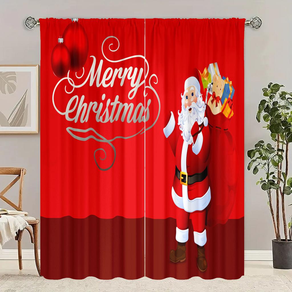 2 pcs-Christmas decorated red printed curtains - polyester material - suitable for bedroom, living room, study, private space