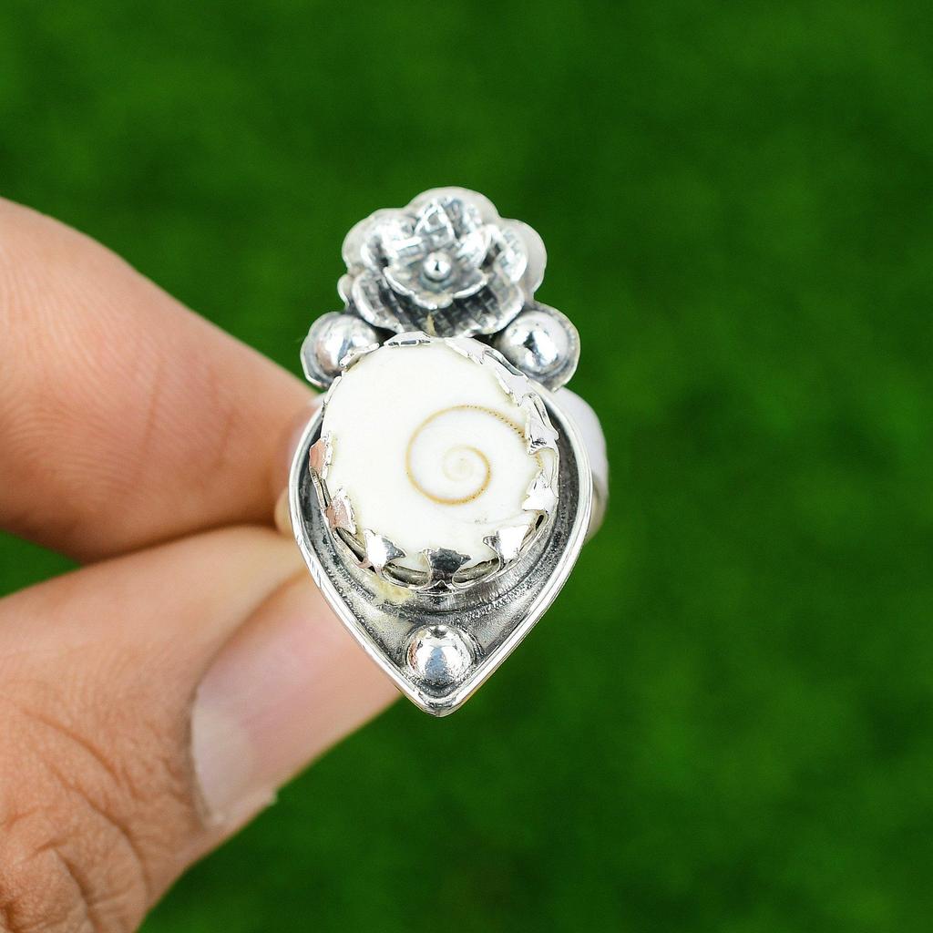Gift For Her 925 Silver Natural Shiva Eye Shell Promise Flower Adjustable Ring