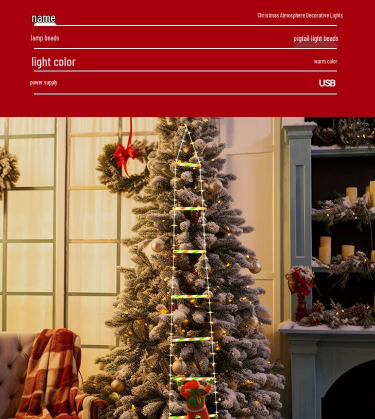 Santa Claus lezoucí po žebříku Dekorace na vánoční stromek a okno Světla