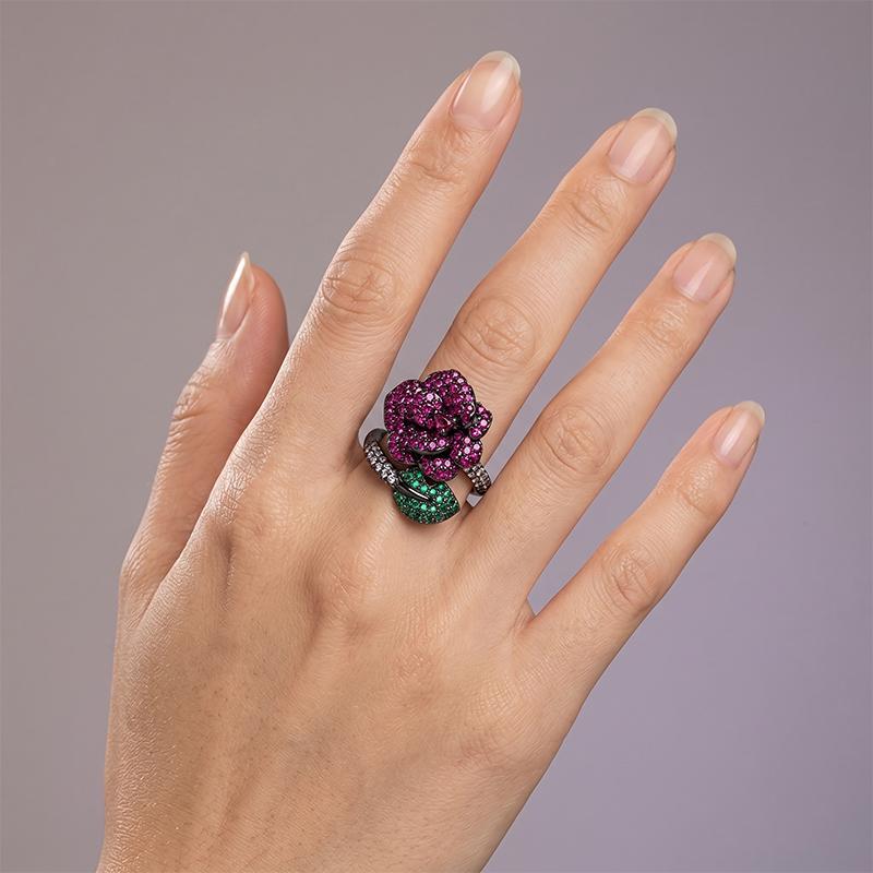 Gothic Black Gold Rose Flower Rings for Women Fuchsia CZ Floral Leaf Adjustable Open Ring Romantic Statement Finger Jewelry Gift