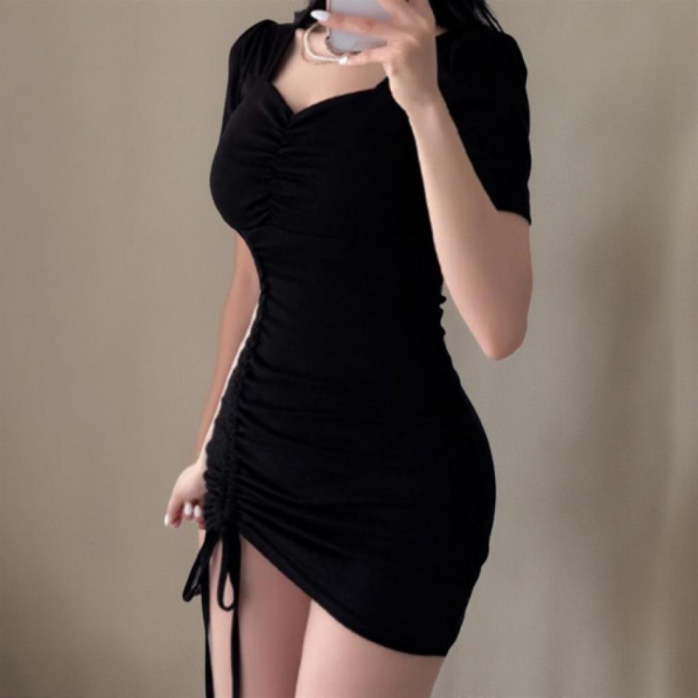 New Arrivals Open Run Women Heart Neck Shirring Slim Mini Dress
