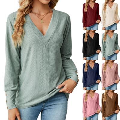 2024 Europeu e americano outono/inverno nova cor sólida decote em V jacquard botão solto camiseta top para mulheres