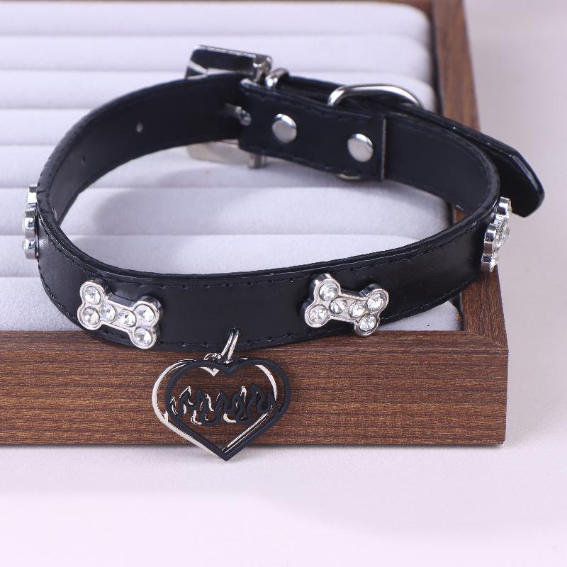 Y2K Bling Rhinestones Dog Bone Hollow Heart Charm Choker Trendy Punk PU Leather Necklace Sweet Cool Girls Jewelry Accessories