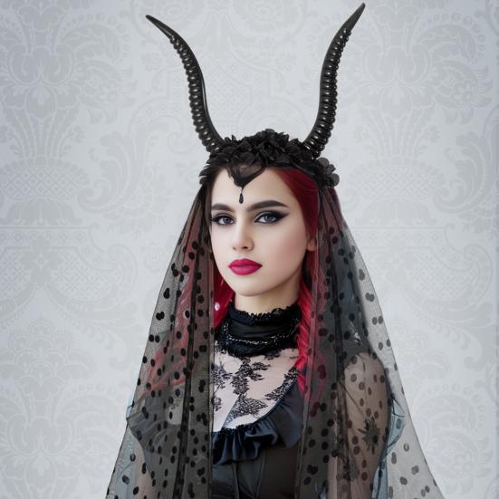 Halloween Gotisk Svart Antilopehorn Pannebånd Mørke Djevel Sauhorn Heksekostyme Tilbehør med Nett for Halloween Cosplay Renessanse Fotoshoot