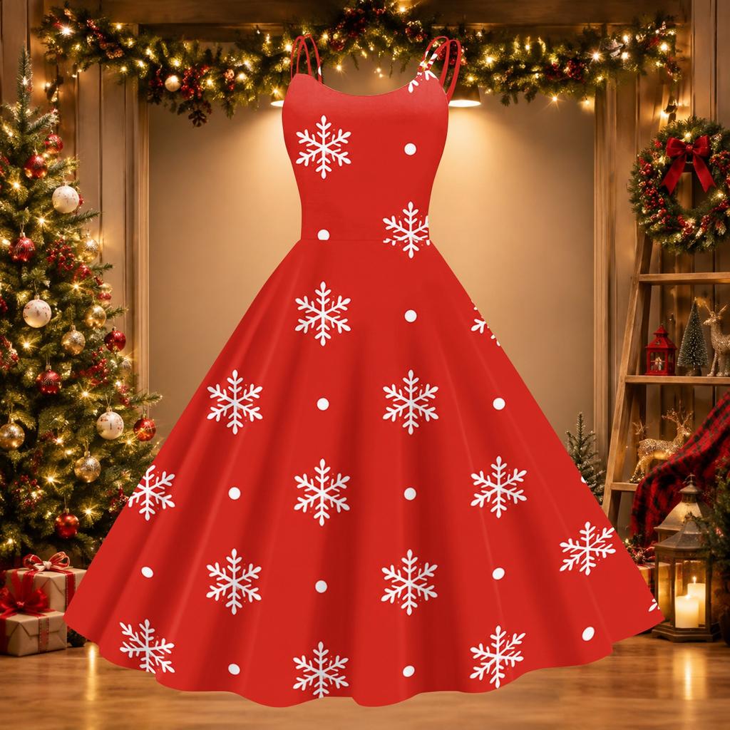 Women's Christmas Print Off-Shoulder Vintage Dress