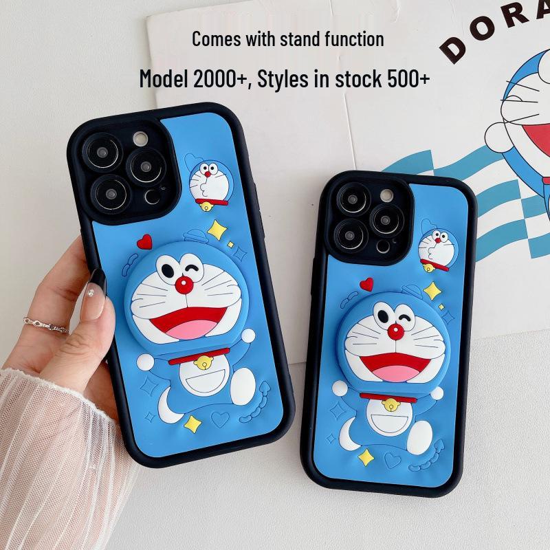 Doraemon 3D Silicone Phone Case for iPhone 15 Pro Max with Stand - Full Coverage Cartoon Design