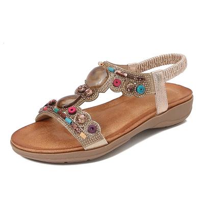 Schuhe für Damen Sommer 36-42 Mit Perlen und Strass Keilabsatz Übergröße Offene Zehenpartie Böhmische Sandalen Schuhe mit elastischem Riemen Sandalias De Mujer