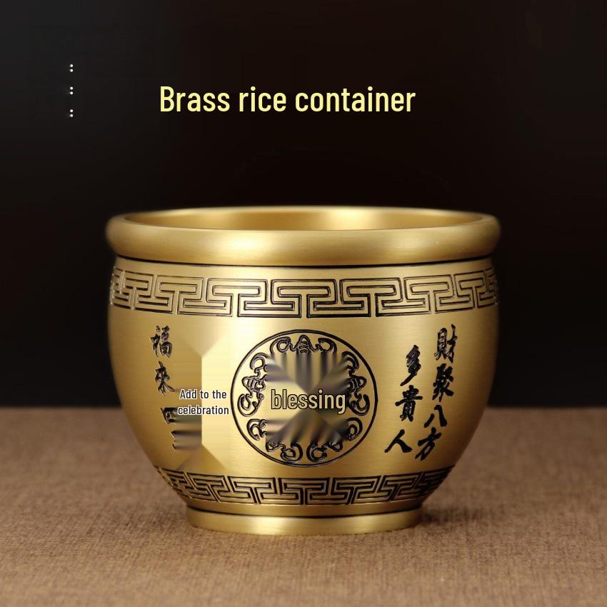 Large Treasure Pot Copper Cylinder Ornament: Hundred Blessings Brass Rice Cylinder Piggy Bank for Living Room Wealth Gathering