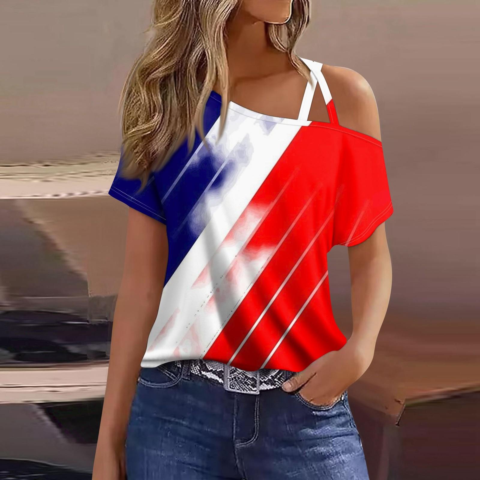 

Женская мода, повседневная футболка с принтом на День независимости, сексуальная футболка с короткими рукавами и открытыми плечами, топ