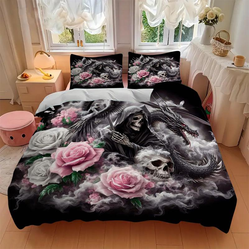 3pcs Death Roses Quilt Cover Set (1 Quilt Cover + 2 Pillowcases Without Pillow Core), High-Definition Printing for Home and Dormitory.W031