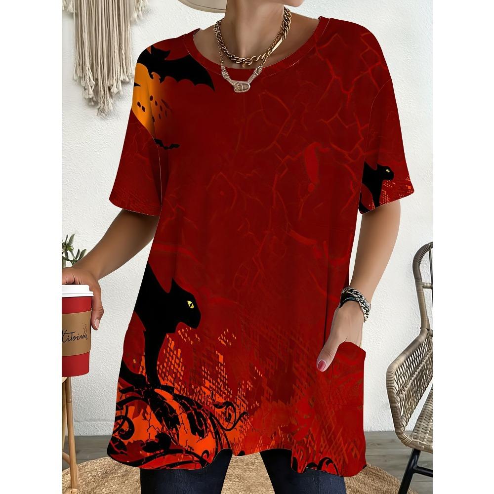 Women's Summer Short Sleeved T-shirt, 3D Printed Pocket T-shirt, Casual Plus Size T-shirt