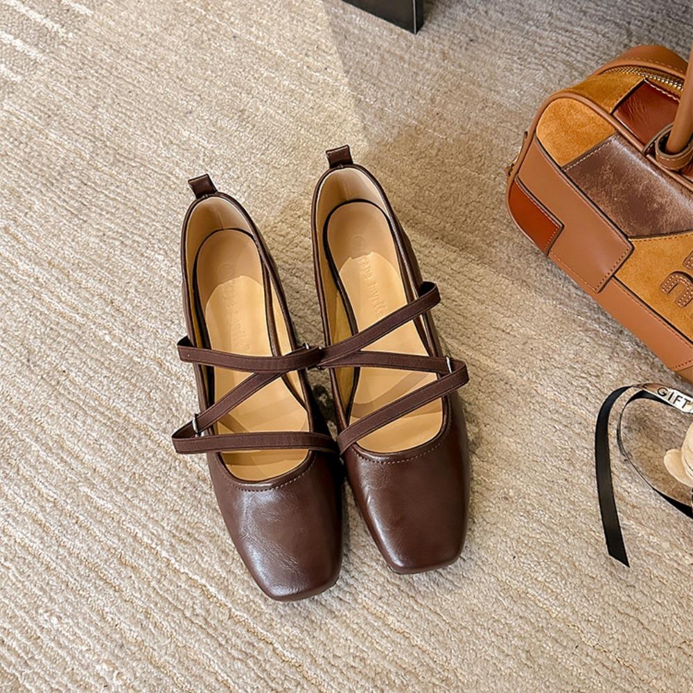 Single Shoe Women's 2025 Spring and Autumn New Leather Square Toe Cross Strap Flat Sole Single Shoe Retro Mary Jane Womens Shoes