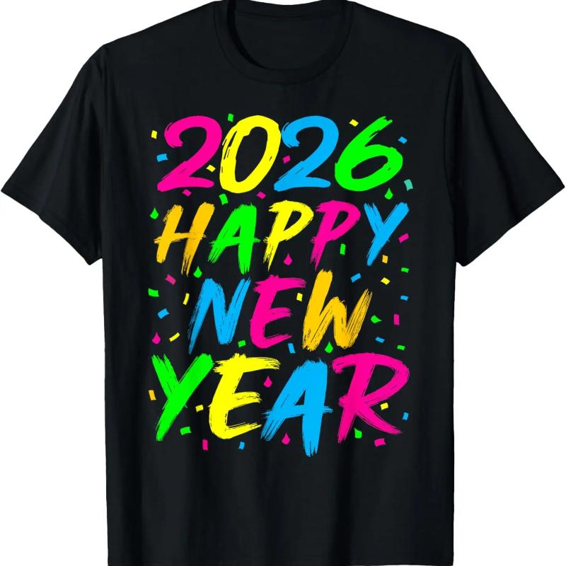 Happy New Year 2026 Printed New Years Eve Party Mens Women Tshirt Short Sleeve Round Neck Comfortable Casual Clothing