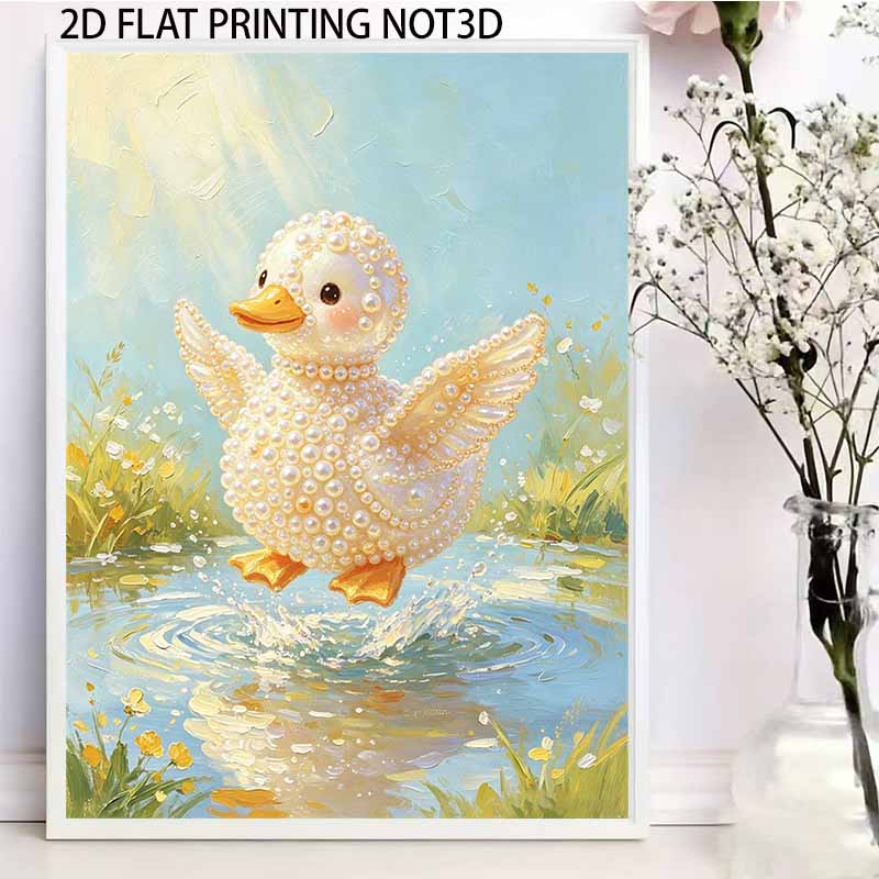 DIY 5D Pearl Bead Painting Kit with Frame Cute Pearl Duck Design Shiny Canvas Art for Bedroom Wall Decor and Gift Collection Display Craft