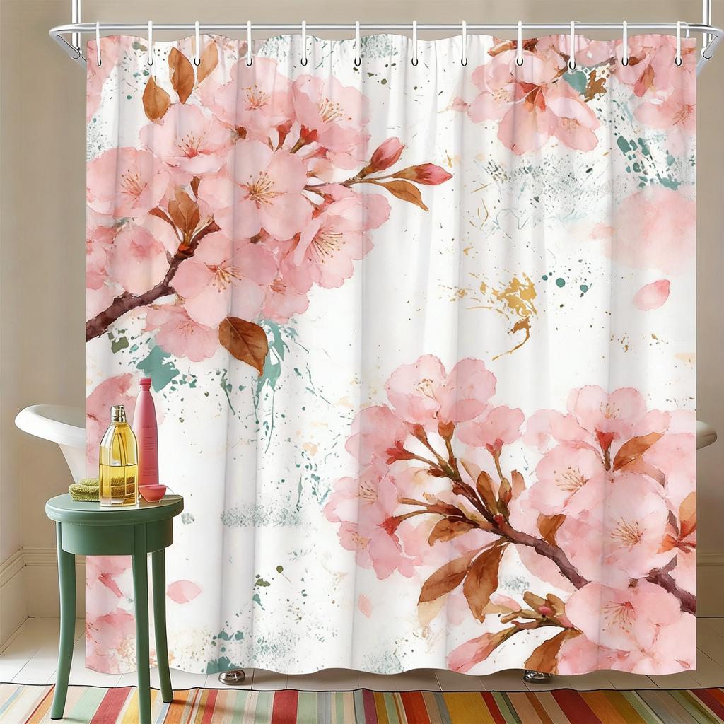 Watercolor White Gardenia Flowers With Green Leaves Waterproof Shower Curtain For Bathroom Decor