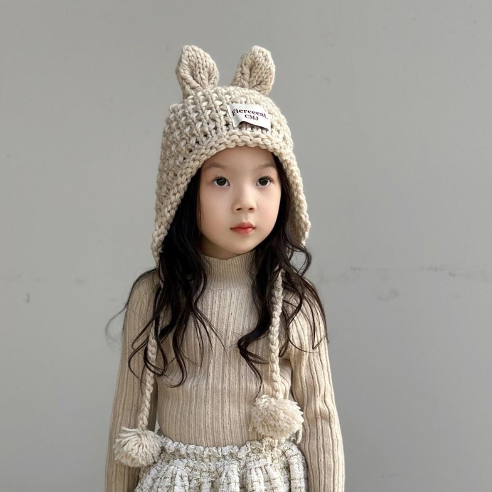 Solid Color Hand Knitted Cap Rabbit Ear Ear Protection Cap Cute Baby Crochet Hat  Kids