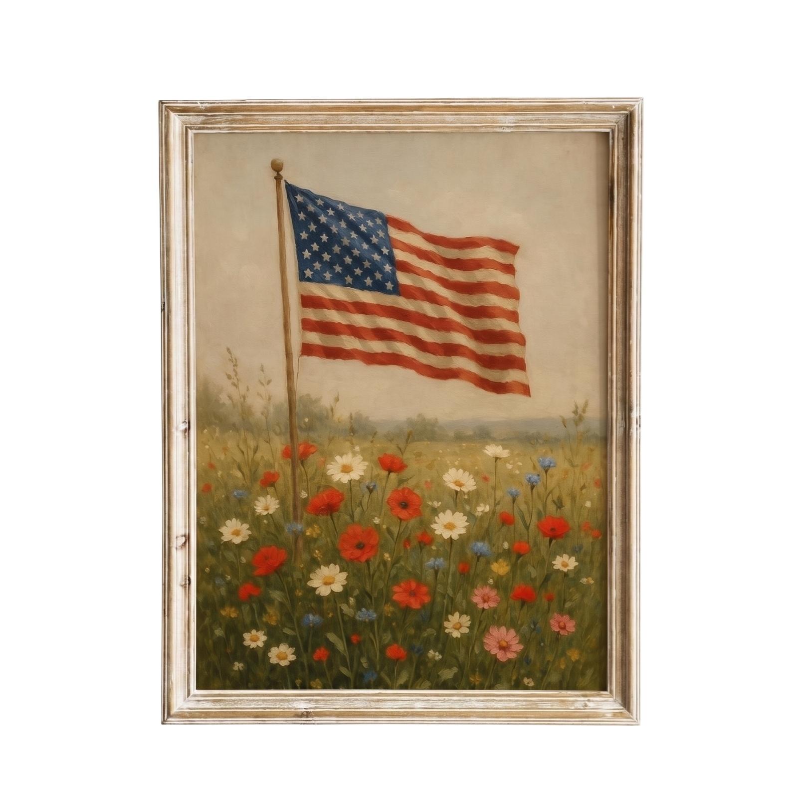 

20x25CM Independence Day Wall Art Rustic Farmhouse Decor Canvas Print American Flag in Wildflower Field Unframed Wall Hanging for Home