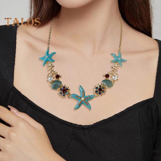 Exaggerated Women Necklace Ocean Theme Starfish Coral Shell Hollow Out Faux Pearl Rhinestone Decor Adjustable Length Lady Vacation Beach Neck Jewelry