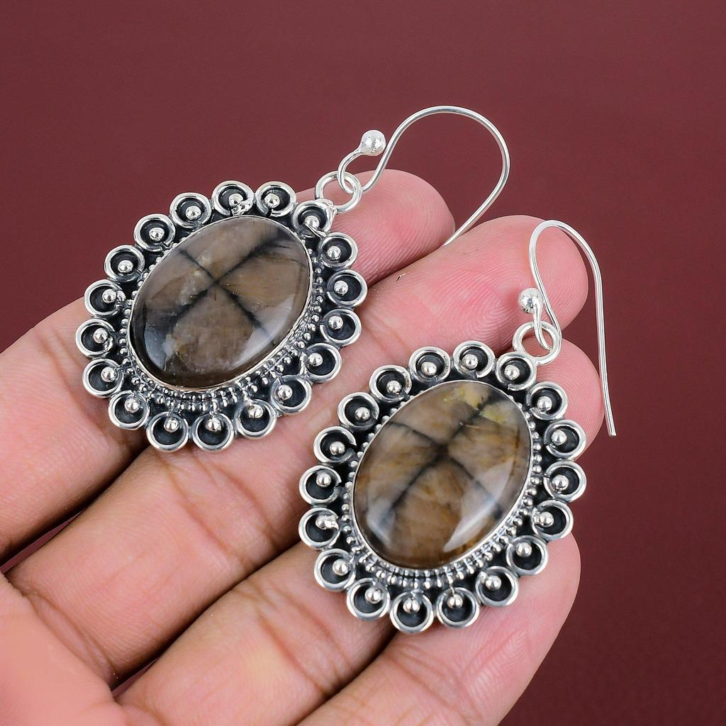 Chiastolitörhängen Ädelsten Handgjorda Smycken 925 Sterling Silver Örhängen Chiastolit Smycken Underbara Hängande Örhängen Jubileumspresenter