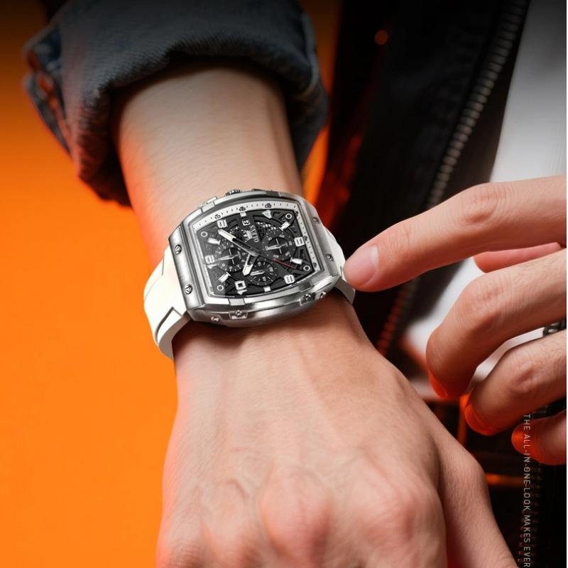OLEVS Mens Watch Fashion Silicone Strap Tonneau Chronograph Quartz Watch Waterproof Luminous Sports Date Watches Gifts