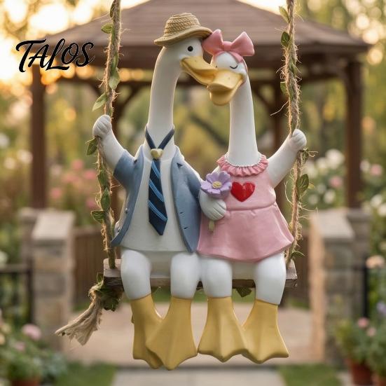 Cute Duck Couple Figurine Resin Swing Ducks Hanging Ornament, Hand Painted Cartoon Pair Statue for Balcony Figurines, Waterproof Indoor Outdoor Garden