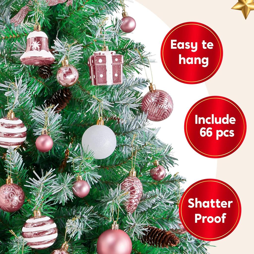 Joyfy 66 Pcs Christmas Balls Ornaments Set Pink Shatterproof Plastic Christmas Tree Ornaments for Xmas Hanging Decoration