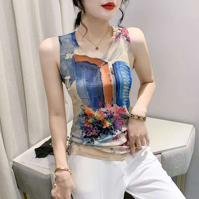 

European Style 2023 Summer Women s Sleeveless Knit Print Tank Top Large