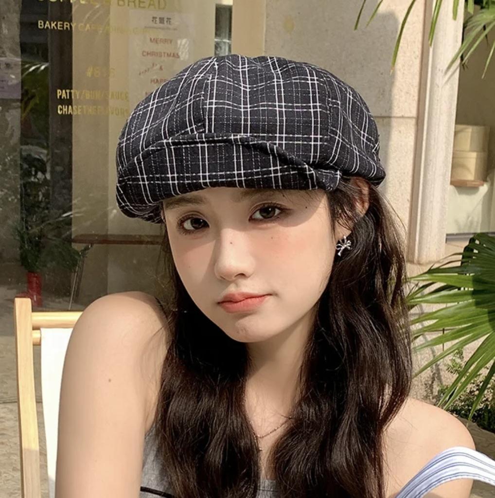 Plaid Beret Female Spring And Summer Mori Literary And Artistic Versatile Newsboy Hat Showing Face Small Octagonal Hat Painter Hat