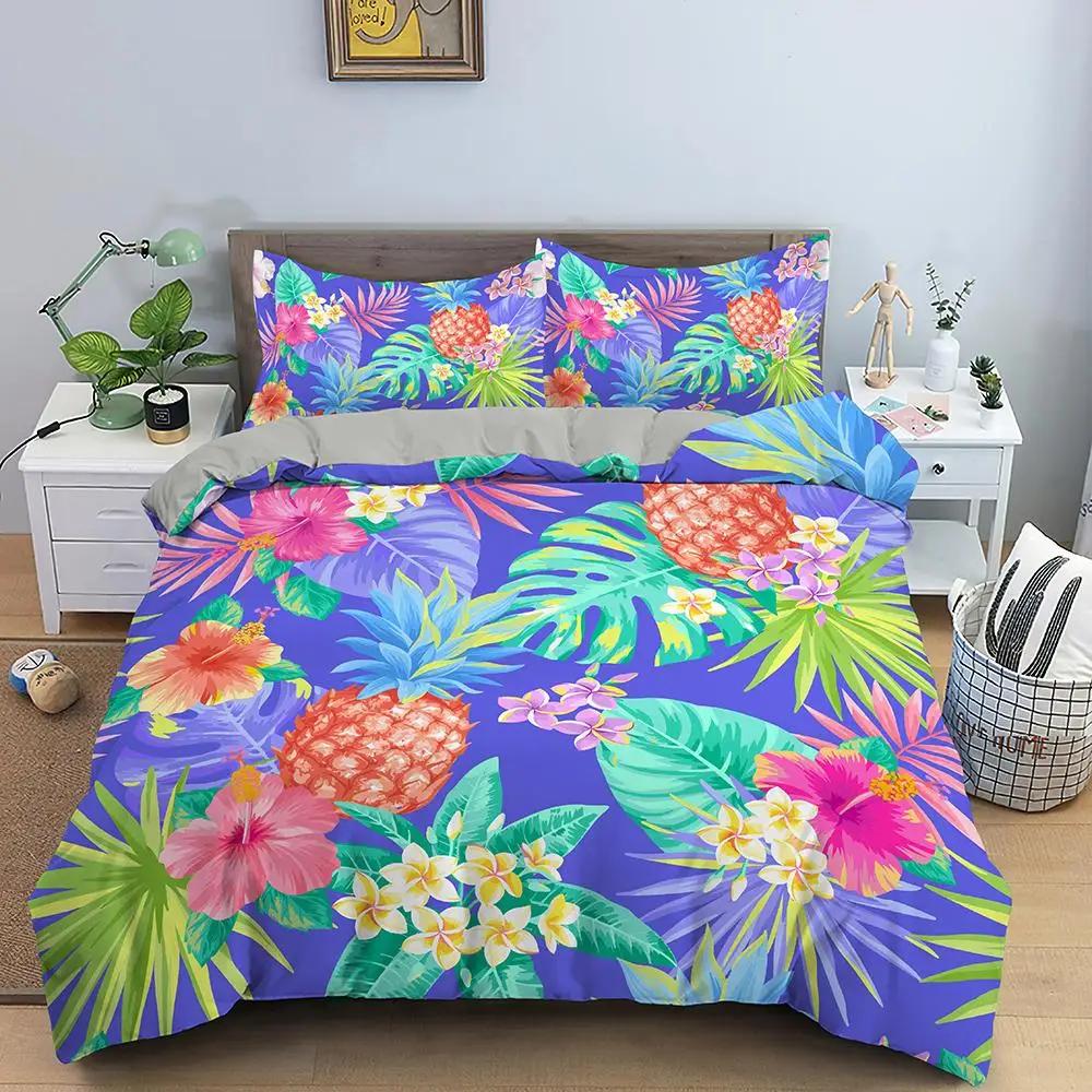 Flamingo Duvet Cover Set Purple Tropical Botanical Bedding Set Coral Flamingo Soft Breathable Queen King Polyester Quilt Cover