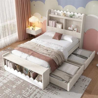Children Bed Single Bed Storage Bed with Drawers, Shelf And Bench with Storage Space, Wooden Bed 90x200cm, Bed Frame And Slatted Frame Made of Wood,